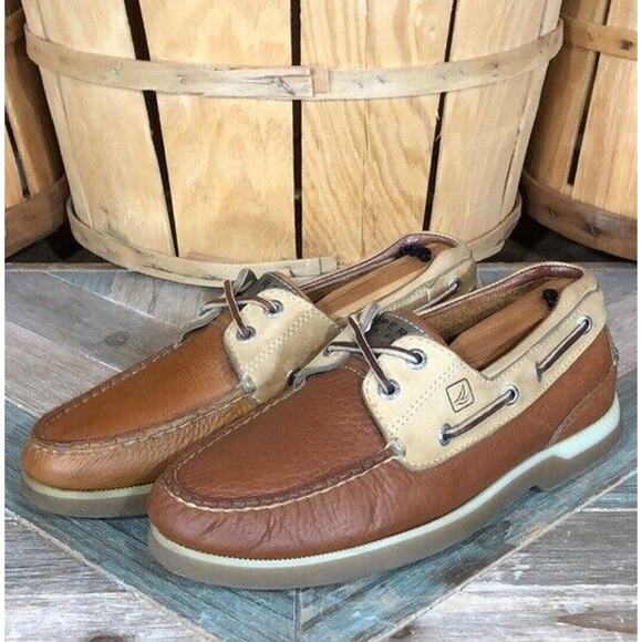 Sperry Mako 2-Eye Canoe Tan Cream Leather Lace-Up Boat Shoes Mens Size 7 - Picture 3 of 10